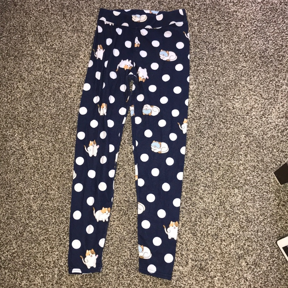 Navy blue lounge pants with white dots and cats